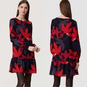 LOFT Floral Print Ruffle Shift Dress Size XSP Classic Bold